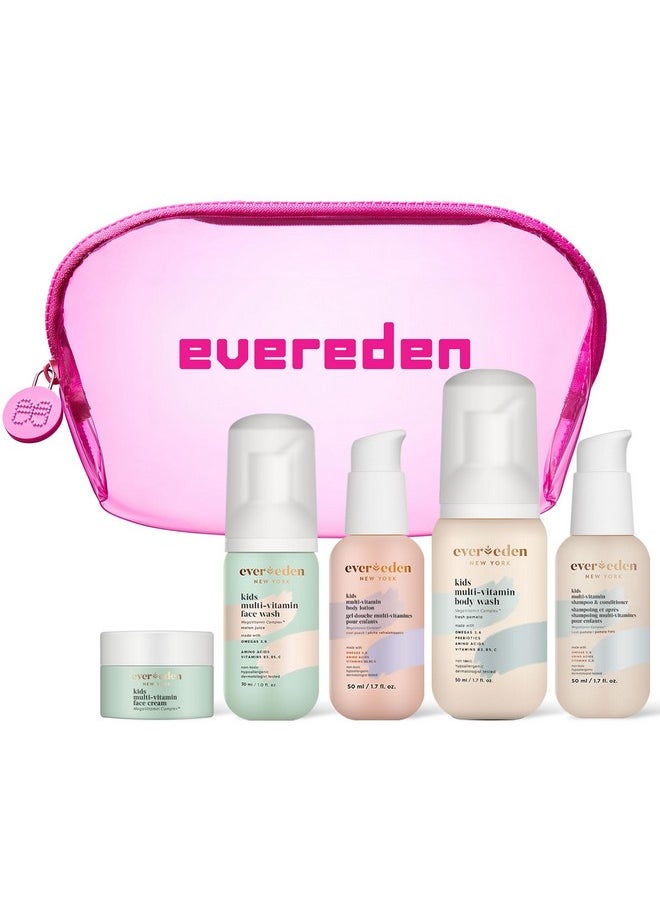 Evereden - Evereden Kids Travel Set: Clean & Vegan 5-Piece Skin Care Set for Kids | Multi-Vitamin Kids Skin Care Set w/t Body Wash, Lotion, Face Wash, Cream, Shampoo & Conditioner | Stocking Stuffers for Kids - Image 1