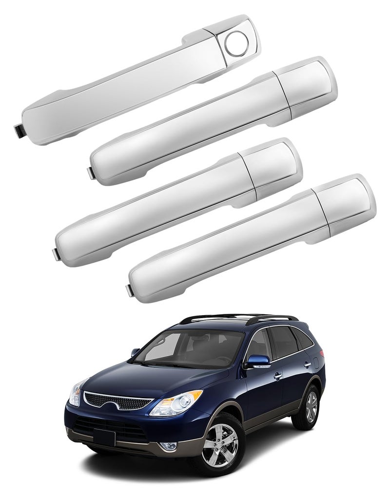 مجموعة مقبض باب خارجي 4 قطع متوافقة مع 2007-2012 هيونداي فيراكروز كروم خارجي أمامي وخلفي يسار سائق ويمين راكب استبدال 826513J010 826513J000 826523J010 مقبض باب خارجي