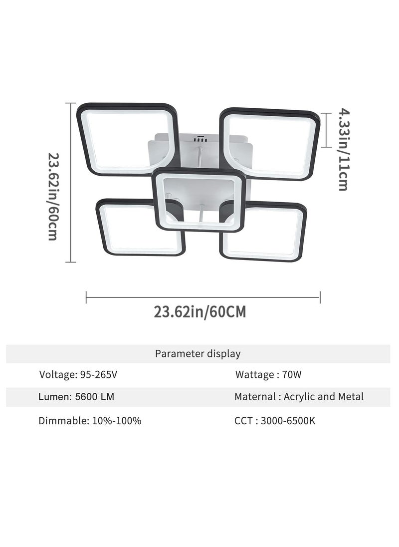 Ganeed Modern LED Ceiling Light, Dimmable 5 Heads Squares Ceiling Lamp Fixture with Remote, Acrylic Metal Flush Mount Ceiling Lighting Fixture with Remote for Living Room Bedroom (70W, Black)  - Image 3