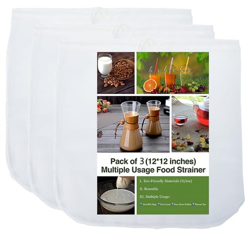 iAesthete 3 Pack - Ultra Fine Nut Milk Bag, 12X12 Inches, 80 Micron, Multiple Usage Reusable Food Strainer, Cold Brew Coffee Bag, Food Grade Nylon Mesh, BPA-Free, Cheesecloth Bag, Yogurt Strainer, Juice Filter - Image 1