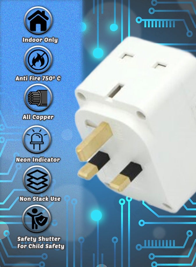 HOMEBEST HomeBest 13A 3-Way UK Travel Adaptor | Anti-Fire 750°C | PC Material & Copper, Neon Indicator|Non Stackable | Safe for Indoor Use  - Image 4