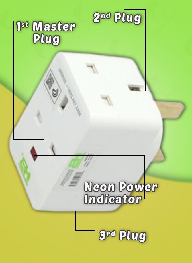 HOMEBEST HomeBest 13A 3-Way UK Travel Adaptor | Anti-Fire 750°C | PC Material & Copper, Neon Indicator|Non Stackable | Safe for Indoor Use  - Image 3