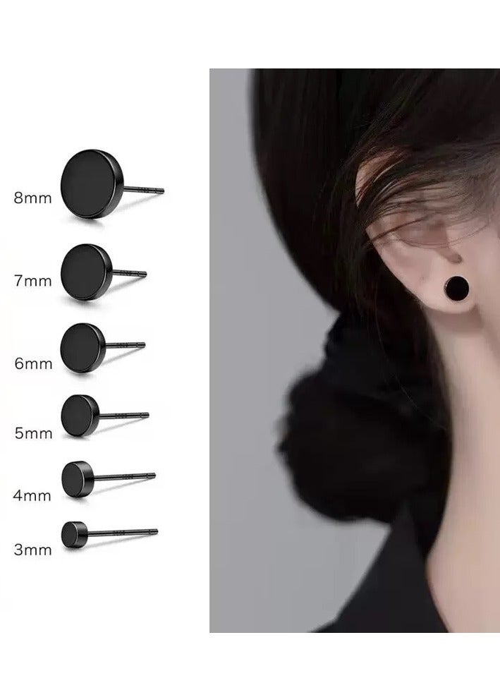 3mm-8mm ... (أسود) كبار أسود جولة ستد أقراط مجموعة الفولاذ المقاوم للصدأ ستد الأذن للرجال والنساء 6 أزواج - Image 1