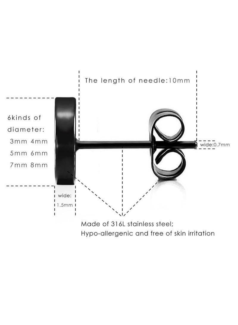 3mm-8mm ... (أسود) كبار أسود جولة ستد أقراط مجموعة الفولاذ المقاوم للصدأ ستد الأذن للرجال والنساء 6 أزواج - Image 2