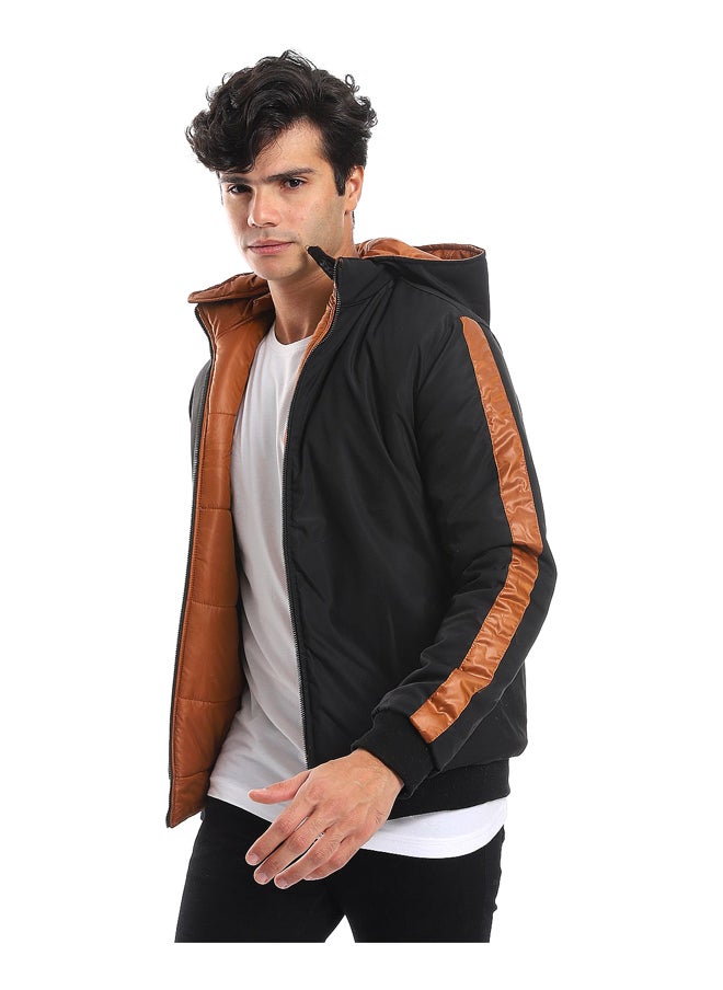 Andora - Zipper Closure Double Face Printed & Waterproof Jacket - Cramel Brown & Black_Multicolour - Image 1