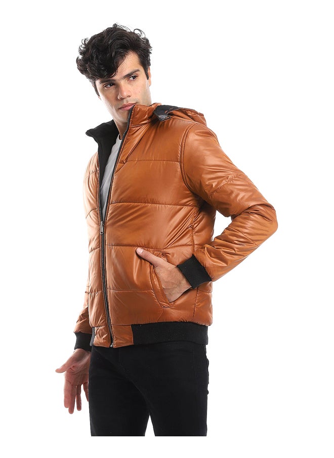 Andora - Zipper Closure Double Face Printed & Waterproof Jacket - Cramel Brown & Black_Multicolour - Image 1