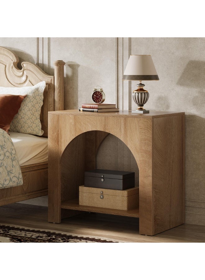 LITTLE TREE طاولة جانبية مع تخزين، طاولة سرير كبيرة لغرفة النوم، طاولة جانبية مزرعة بقاعدة خشبية، طاولة نهاية خشبية لغرفة النوم، أثاث مميز، تجميع سهل (1، بني فاتح) - Image 1