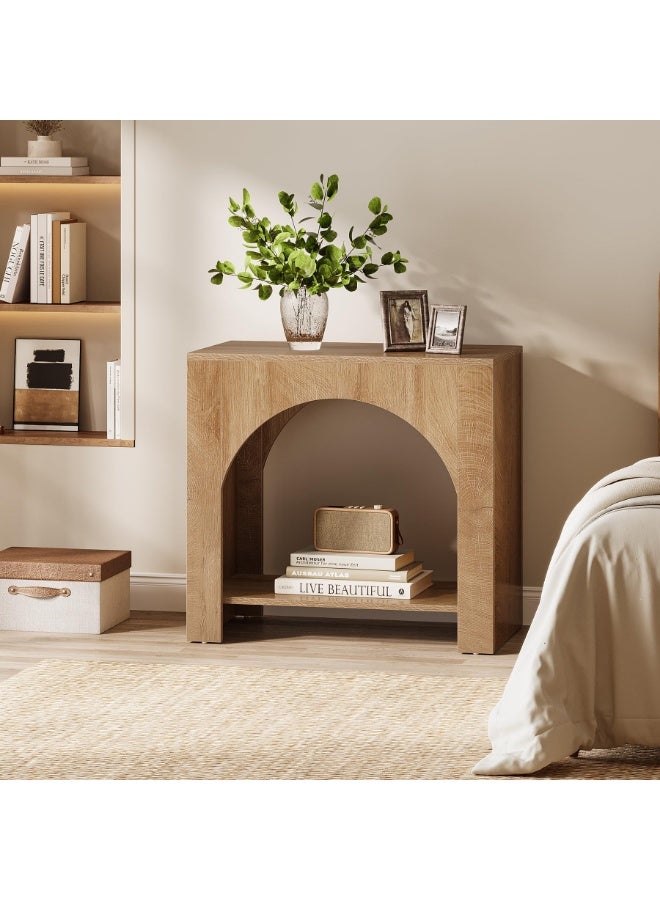 LITTLE TREE طاولة جانبية مع تخزين، طاولة سرير كبيرة لغرفة النوم، طاولة جانبية مزرعة بقاعدة خشبية، طاولة نهاية خشبية لغرفة النوم، أثاث مميز، تجميع سهل (1، بني فاتح) - Image 3