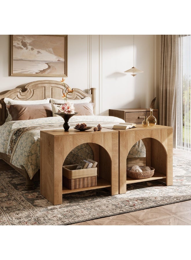 LITTLE TREE طاولة جانبية مع تخزين، طاولة سرير كبيرة لغرفة النوم، طاولة جانبية مزرعة بقاعدة خشبية، طاولة نهاية خشبية لغرفة النوم، أثاث مميز، تجميع سهل (1، بني فاتح) - Image 5