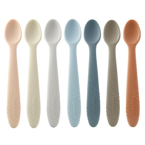 PandaEar 7 Pack Silicone Baby Feeding Spoons, First Stage Training Spoon Infant Utensils Feeding Supplies, BPA Free Gum-Friendly Soft Tip Baby Led Weaning Spoon - Image 1