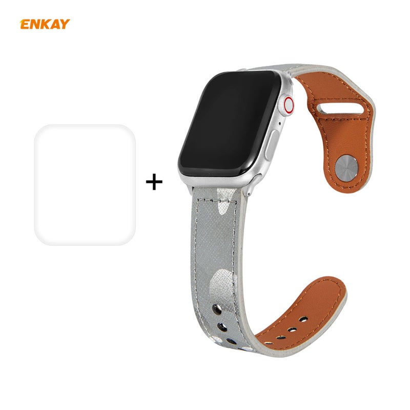 For Apple Watch Series 6/5/4/SE 44mm Hat-Prince ENKAY 2 in 1 Camouflage Texture PU Leather Watch Band + 3D Full Screen PET Curved Hot Bending HD Screen Protector Film(Light Grey)
