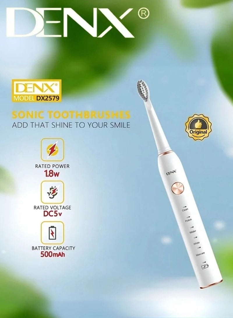 دينكس فرشاة أسنان كهربائية مع 3 رؤوس فرشاة محرك بالموجات فوق الصوتية 5 أوضاع ، قابلة لإعادة الشحن ، آي بي إكس 7 مقاوم للماء ، فرشاة أسنان كهربائية للبالغين والمراهقين DX2579 - Image 2