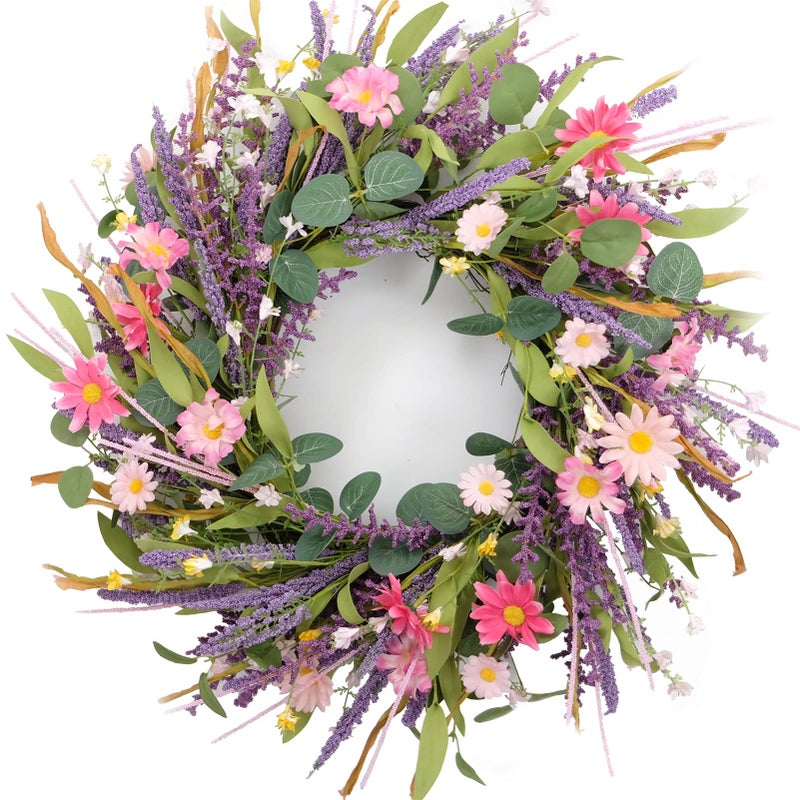 CIR OASES CIR OASES 22inch Artificial Spring Summer Wreath Lavender with Colorful FlowersGreen Leaves for Front Door Home Wall Party Decor 