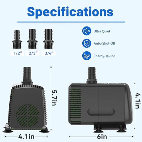 Knifel Submersible Pump 880GPH with AUTO-Shut-Off 10ft High Lift for Fountains, Hydroponics, Ponds, Aquariums & More - Image 3