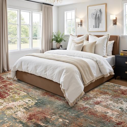RELEANY Washable Area Rugs 5x7 NonSlip Modern Abstract Soft for Living Room Entryway Bedroom Nursery Print Pattern Brown Rust Red Green Blue Multi - Image 3