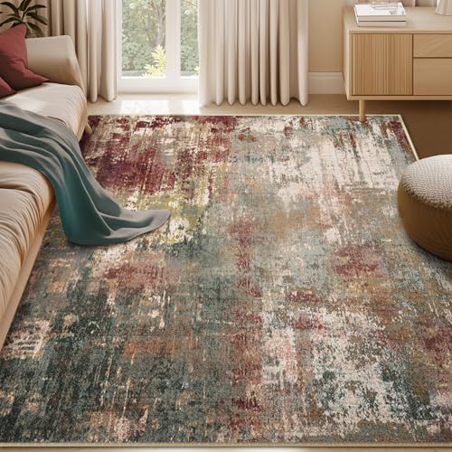 RELEANY Washable Area Rugs 5x7 NonSlip Modern Abstract Soft for Living Room Entryway Bedroom Nursery Print Pattern Brown Rust Red Green Blue Multi - Image 1