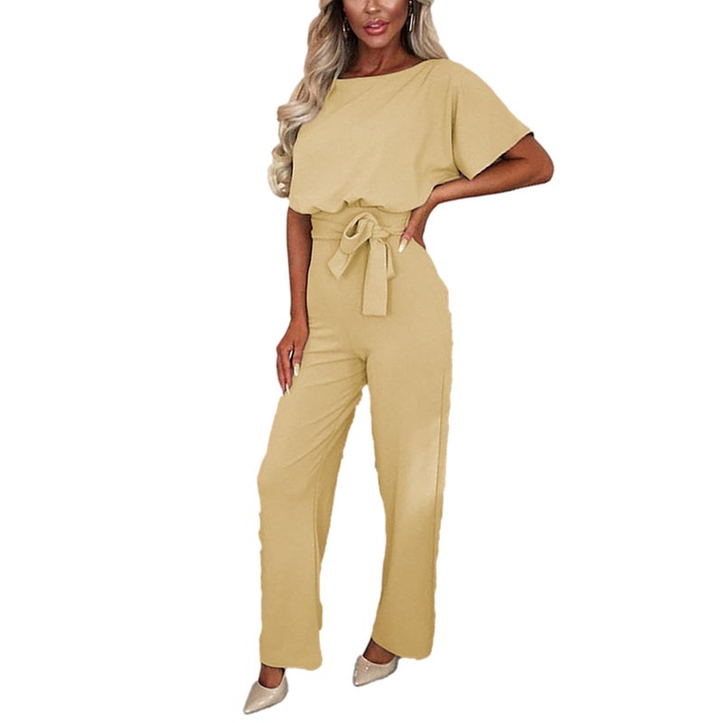 amropi Women's Short Sleeve Jumpsuits Belted Wide Leg Long Pant Romper Beige,L - Image 2