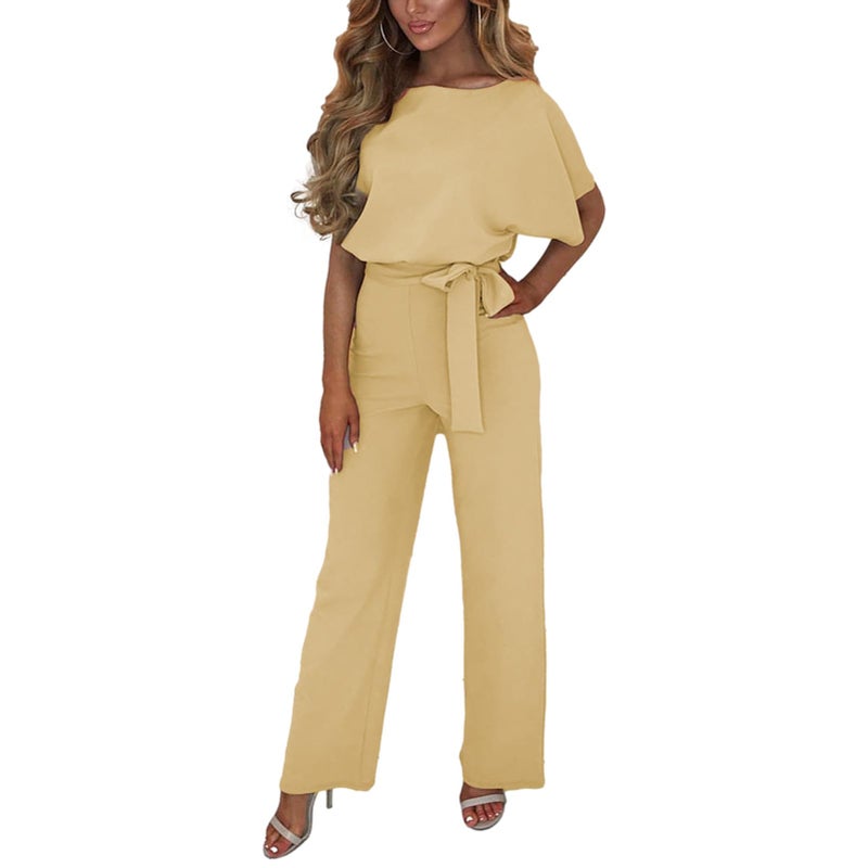 amropi Women's Short Sleeve Jumpsuits Belted Wide Leg Long Pant Romper Beige,L - Image 3