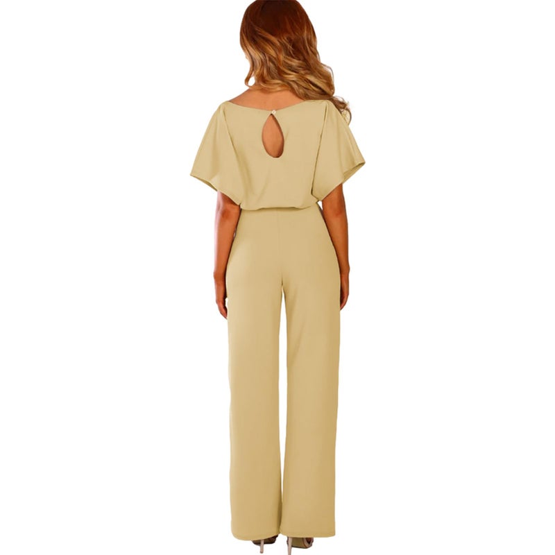 amropi Women's Short Sleeve Jumpsuits Belted Wide Leg Long Pant Romper Beige,L - Image 5