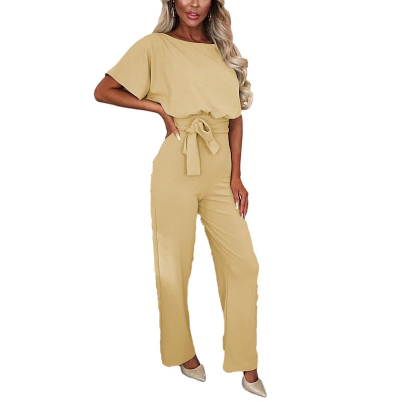 amropi Women's Short Sleeve Jumpsuits Belted Wide Leg Long Pant Romper Beige,L - Image 4