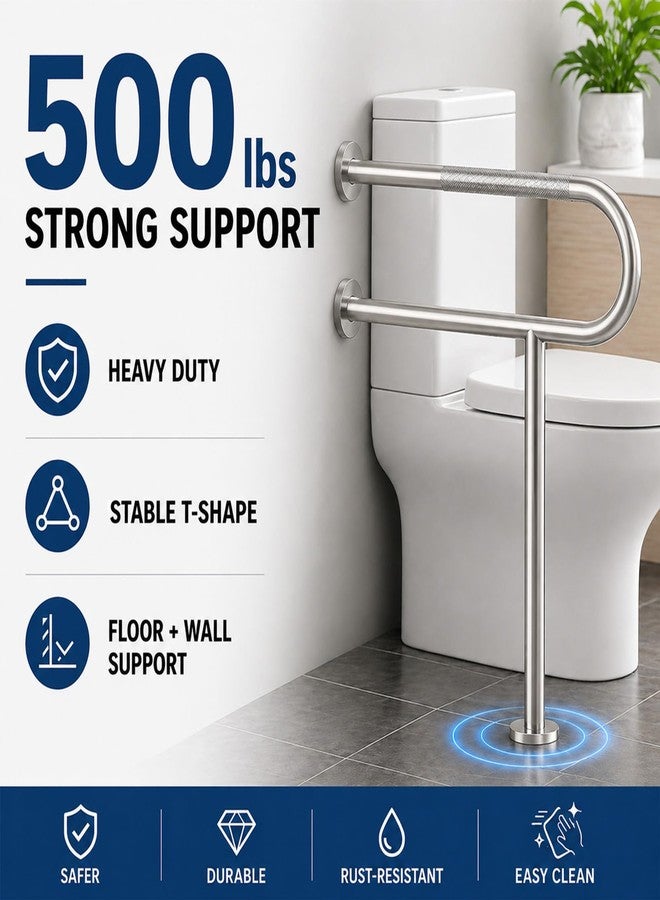 Bmoytu Toilet Grab Bar with Leg, Floor Mounted Knurled Safety Rail, Heavy Duty Brushed Nickel Stainless Steel Support Handle, Bathroom Stand Assist, Non-Slip Mobility Aid for Elderly, Disabled, 31 Inch - Image 2
