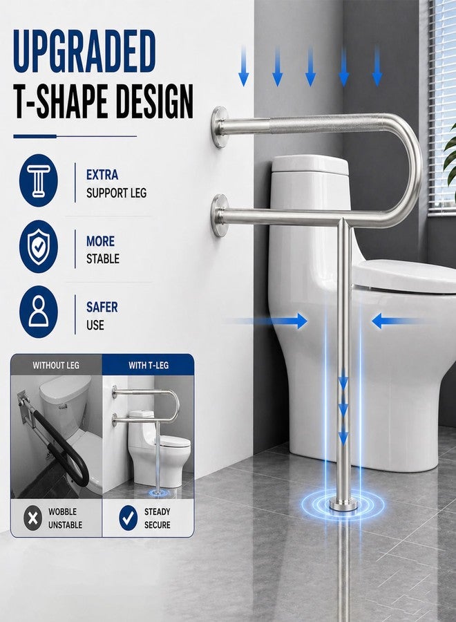 Bmoytu Toilet Grab Bar with Leg, Floor Mounted Knurled Safety Rail, Heavy Duty Brushed Nickel Stainless Steel Support Handle, Bathroom Stand Assist, Non-Slip Mobility Aid for Elderly, Disabled, 31 Inch - Image 4