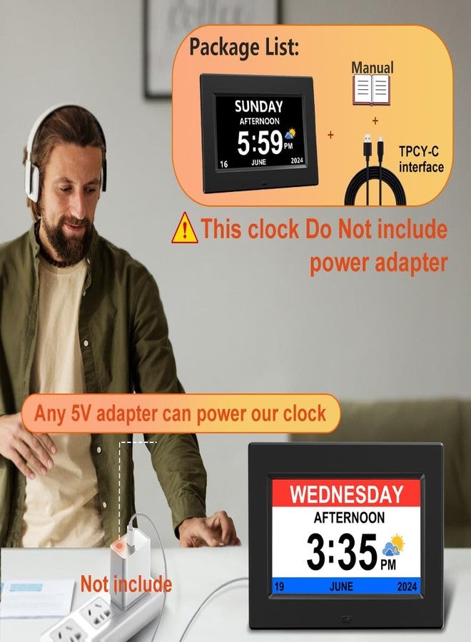AINFTIME - Digital Clock with Date and Day of the Week for Elderly, 12 Alarms, Medication Reminder, Dementia, Alzheimers, Calendar with Extra Large Display (7" Black) - Image 2