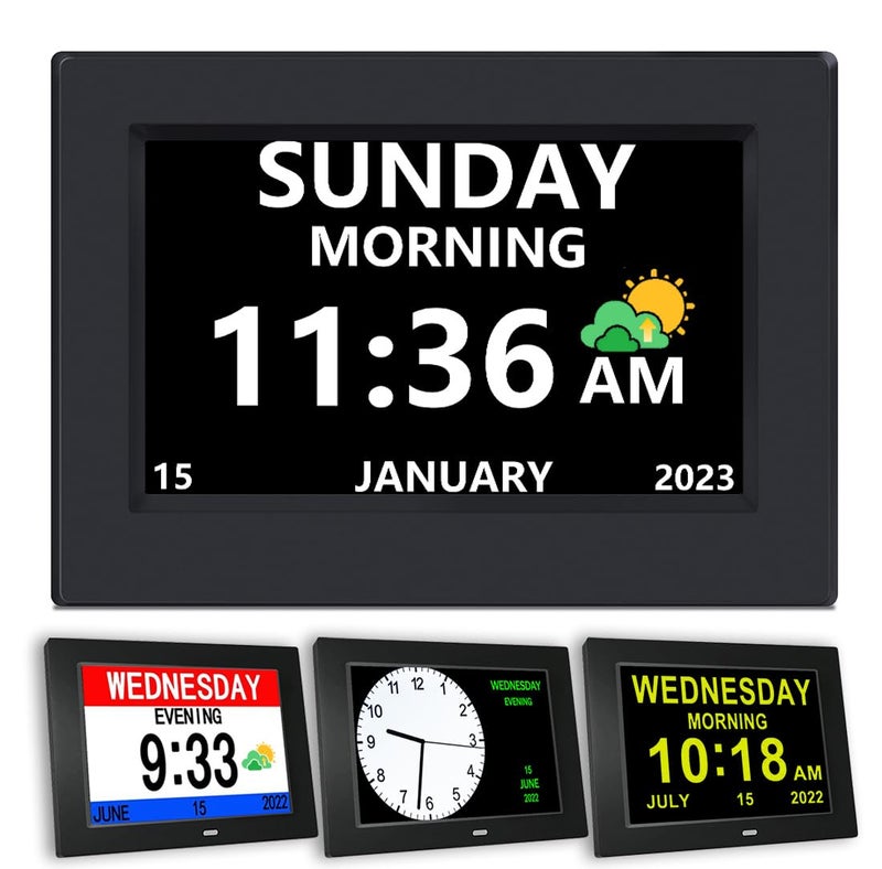 AINFTIME - Digital Clock with Date and Day of the Week for Elderly, 12 Alarms, Medication Reminder, Dementia, Alzheimers, Calendar with Extra Large Display (7" Black) - Image 1