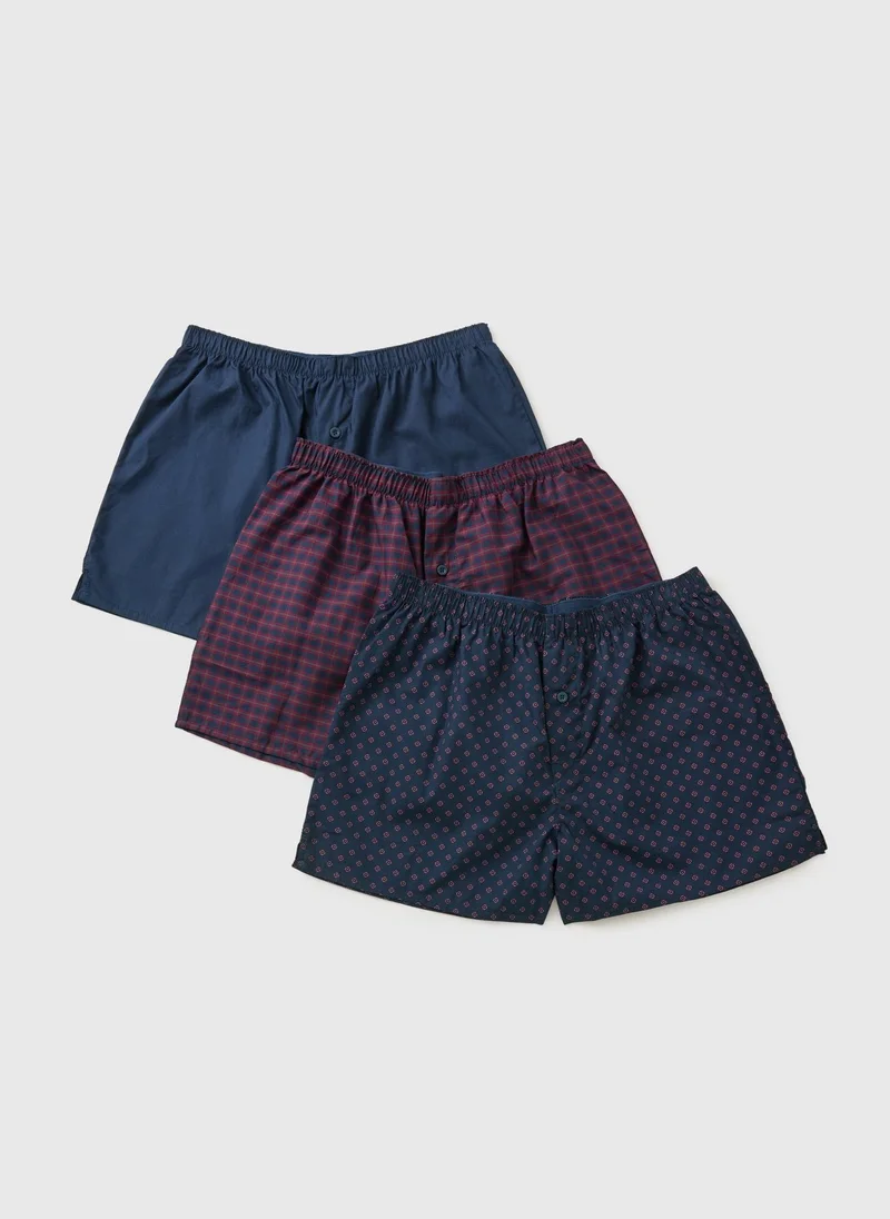 Matalan 3 Pack Burgundy Geo Check Woven Boxers