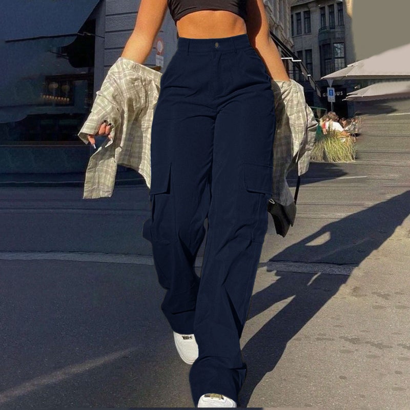 Women's Street Style Multi-Pocket Cargo Straight Leg Pants High Waist Loose Fit Trousers