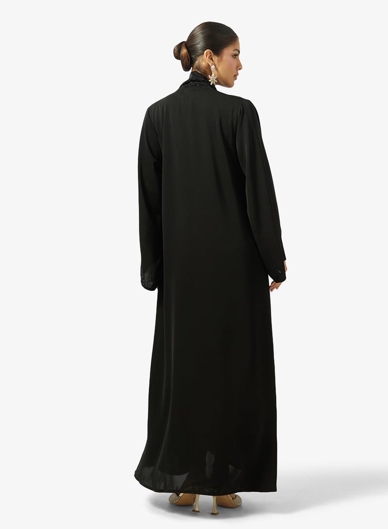 hayas closet Floral Embellished Loose Fit High Neck Abaya - Image 3