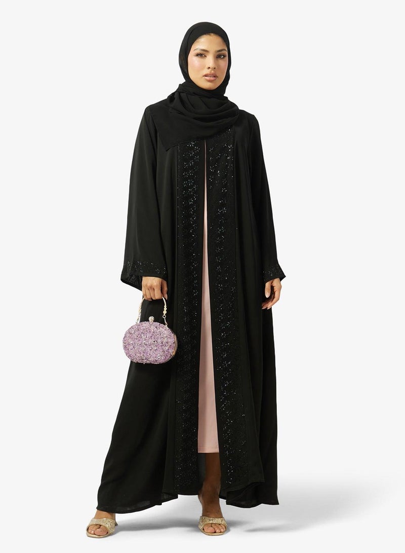 hayas closet Floral Embellished Loose Fit High Neck Abaya - Image 1
