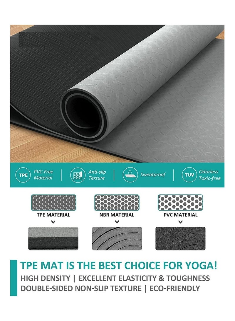 MahMir - Yoga Mat Anti Slip Exercise Mat With Carrying Bag Fitness Mat For Pilates 183Cmx61Cmx6Mm Thickness For Woman Man Beginners (Dark Grey + Black) - Image 1
