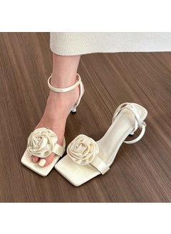 Creamy Rose Womens Sandals 2024 Summer New Style One-Row Square Head Fine Heel High Shoes Microfiber Face Rubber Sole White