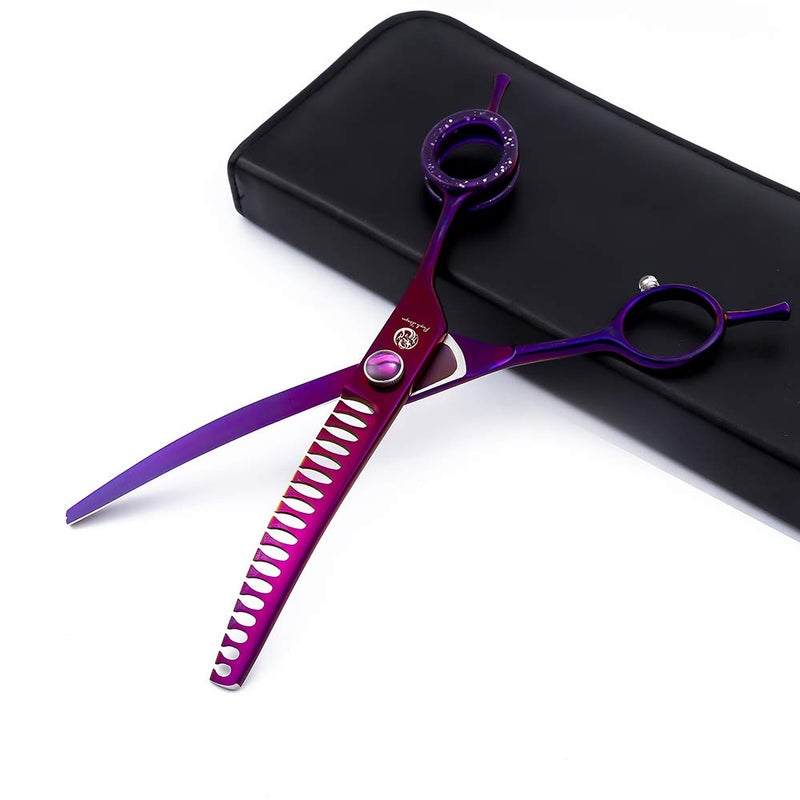 Purple Dragon 7.0" Purple Downward Curved Pet Grooming Curved Scissors/Chunker Shear with Adjustment Screw- Perfect for Professional Pet Groomer - Image 1