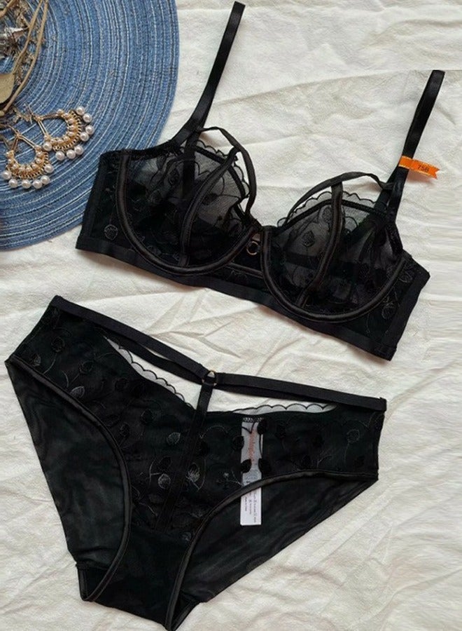 Loquat Ultra Thin Cup Embroidered Mesh Bra And Panty Set Black 