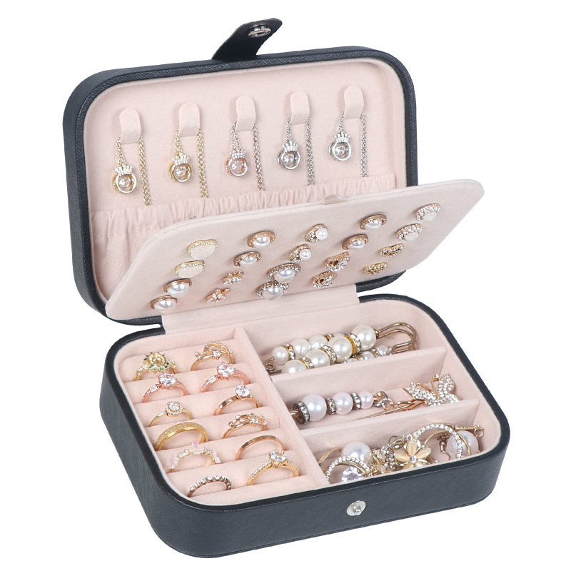 Travel Jewelry Box PU Leather Small Jewelry Organizer for Women Girls Portable Mini Travel Case Display Storage Holder Boxes for Stud Earrings Rings Necklaces Bracelets Black Beige