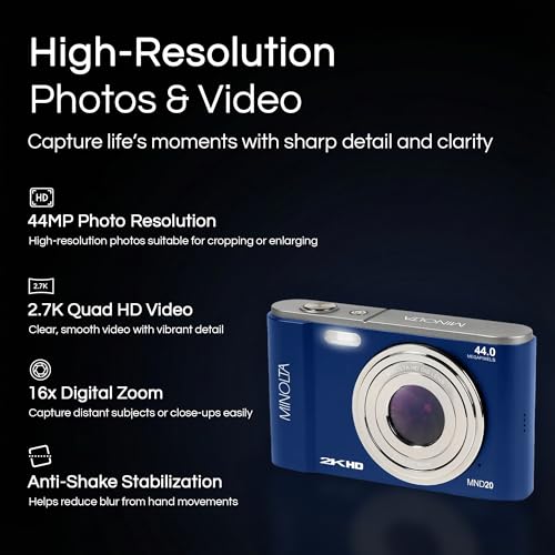 Minolta MND20 44MP Digital Camera – 2.7K Ultra HD Video, 16X Digital Zoom, Anti-Shake Stabilization, Time Lapse, Face Detection, 2.9-inch LCD Display – Lightweight Compact Camera (Blue) - Image 2