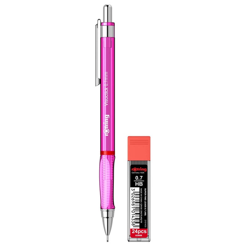 Rotring Rotring Visuclick Pink Mechanical Pencil 0.7mm for Drawing, Writing & Sketching, Transparent ABS Plastic Body, 12 HB Polymer Leads  - Image 1