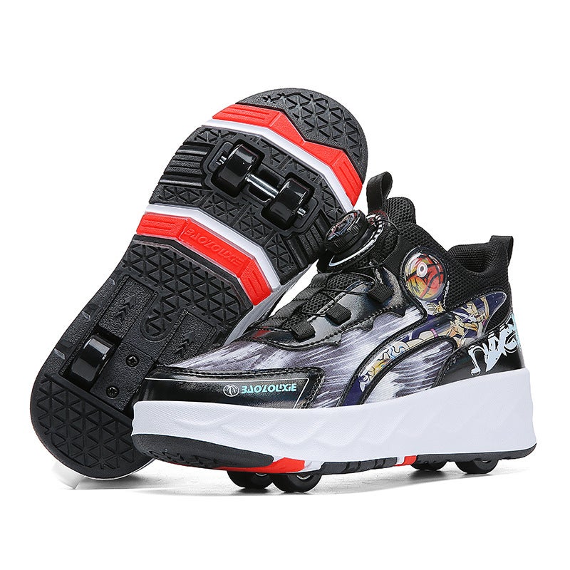 Generic Four-wheel walking shoes childrens roller skating shoes Boys student skating shoes invisible shrinkage deformation walking shoes with wheels 666 Black