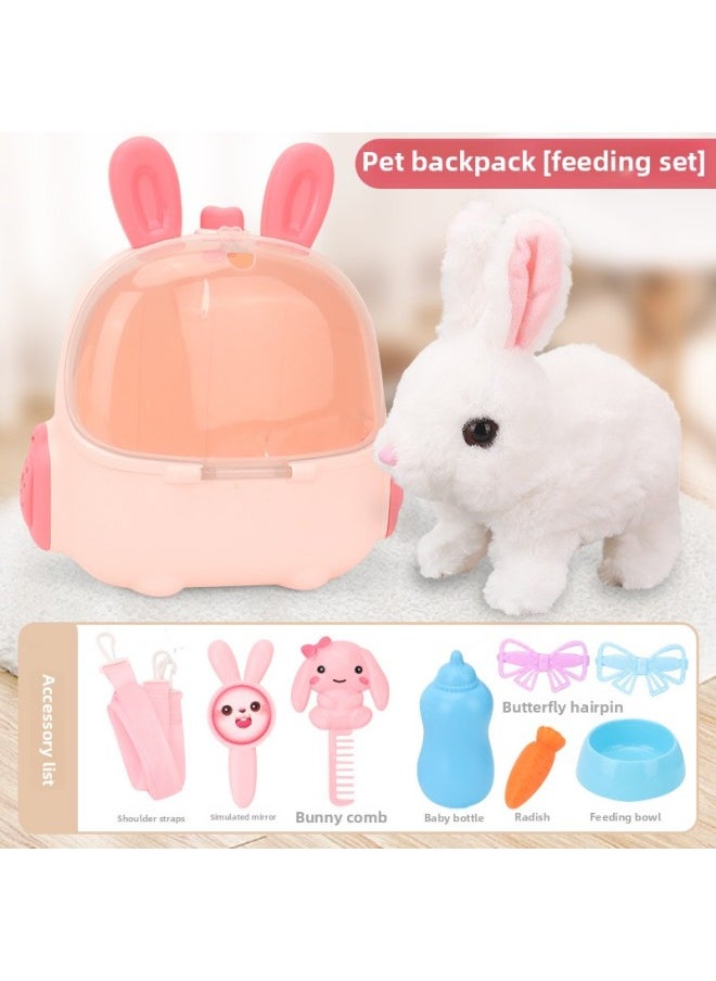 Children's Electric Simulation Backpack Rabbit Will Call Girl Pet Doll Backpack Dog Gift Puzzle Plush Toy-Color:White-feeding Set [color Box]  - Image 1