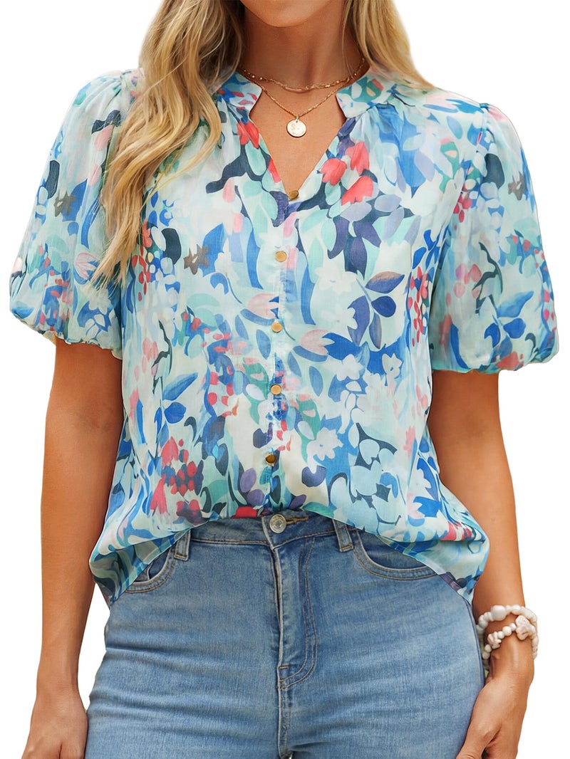 Simplee Womens Summer Floral Blouses Chiffon Boho Dressy Casual Work V Neck Puff Short Sleeve Loose Fashion Tops Shirt(Blue,Medium) - Image 1