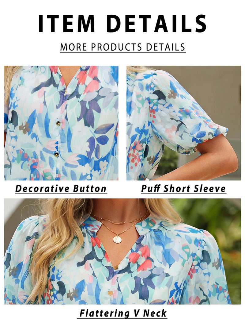 Simplee Womens Summer Floral Blouses Chiffon Boho Dressy Casual Work V Neck Puff Short Sleeve Loose Fashion Tops Shirt(Blue,Medium) - Image 4