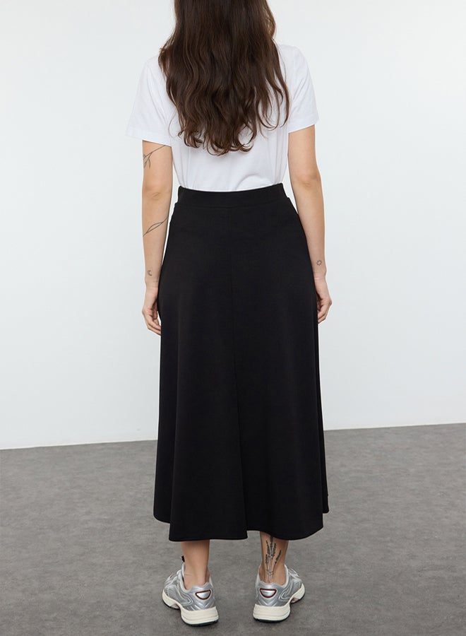 trendyol Black Crepe Flared Long Knitted Skirt - Image 4