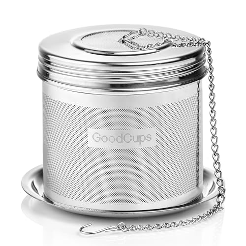 GoodCups Stainless Steel Tea Infuser for Loose Leaf Tea, Large (2.95” Diameter x 2.85” Height) – Extra Fine Mesh Strainer with Chain Hook & Lid, Reusable Tea Steeper for Mugs, Cups & Teapots - Image 1