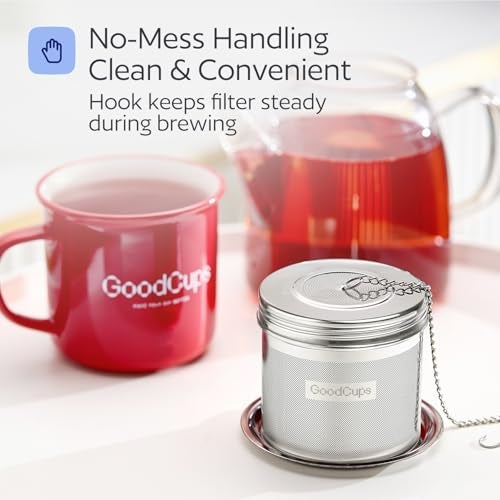 GoodCups Stainless Steel Tea Infuser for Loose Leaf Tea, Large (2.95” Diameter x 2.85” Height) – Extra Fine Mesh Strainer with Chain Hook & Lid, Reusable Tea Steeper for Mugs, Cups & Teapots - Image 4