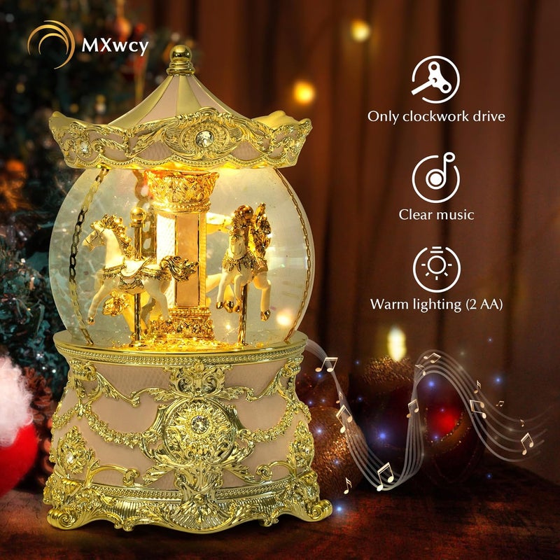 MXwcy Carousel Music Box Gold & Pink Christmas Snow Globes, 8.3" Rotate Carousel Snow Globe for Kids & Adults, Classic Wind up Musical Snow Globe Birthday Gifts for Women Girls, Carousel Horse Home Decor - Image 4