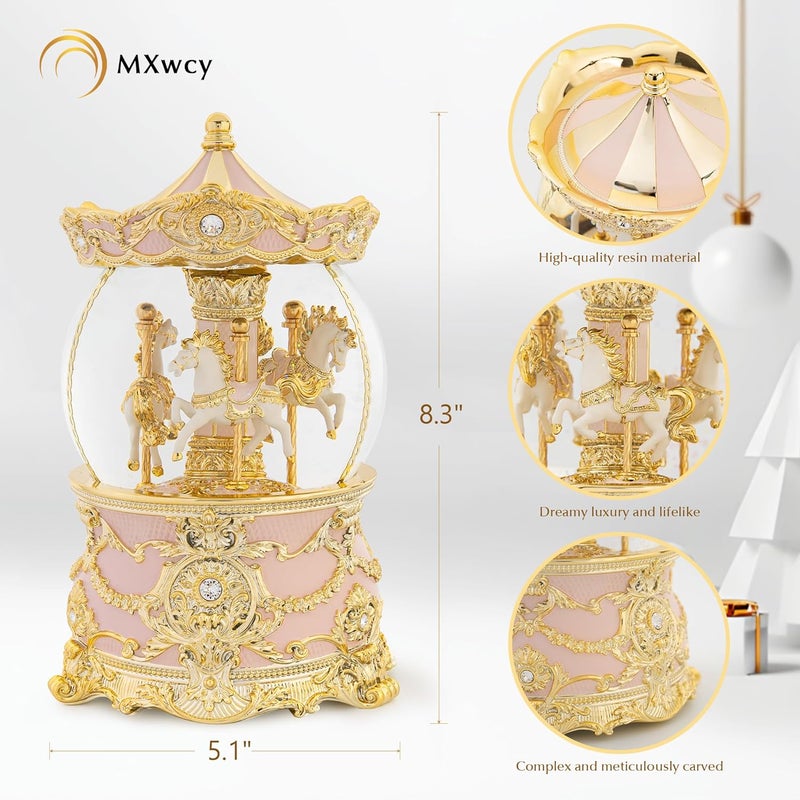 MXwcy Carousel Music Box Gold & Pink Christmas Snow Globes, 8.3" Rotate Carousel Snow Globe for Kids & Adults, Classic Wind up Musical Snow Globe Birthday Gifts for Women Girls, Carousel Horse Home Decor - Image 3