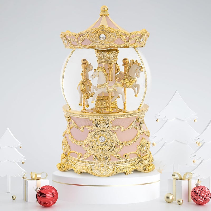 MXwcy Carousel Music Box Gold & Pink Christmas Snow Globes, 8.3" Rotate Carousel Snow Globe for Kids & Adults, Classic Wind up Musical Snow Globe Birthday Gifts for Women Girls, Carousel Horse Home Decor - Image 2