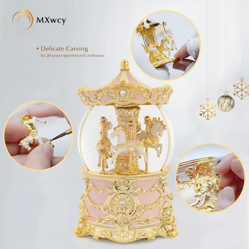 MXwcy Carousel Music Box Gold & Pink Christmas Snow Globes, 8.3" Rotate Carousel Snow Globe for Kids & Adults, Classic Wind up Musical Snow Globe Birthday Gifts for Women Girls, Carousel Horse Home Decor - Image 5